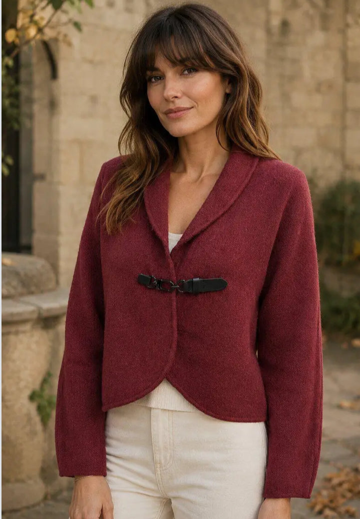 BUCKLE KNIT CARDI - 10-16 - BURGUNDY