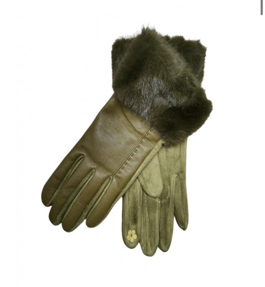 FUR TRIM LEATHERETTE GLOVES - KHAKI