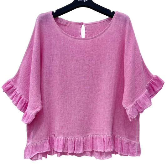FRILL TRIM COTTON LINEN TOP - 10-16
