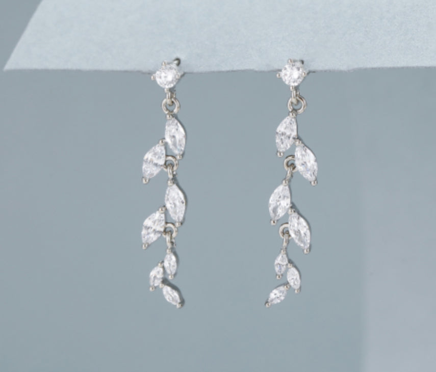 DIAMANTE LEAF DROP EARRINGS - SILVER