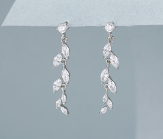 DIAMANTE LEAF DROP EARRINGS - SILVER