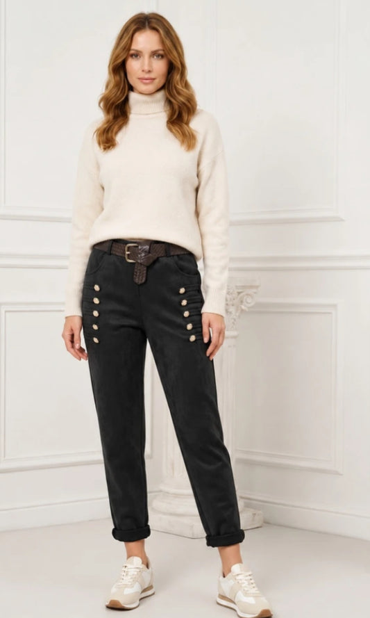 SUEDETTE BUTTON PANTS - 8-12 - BLACK