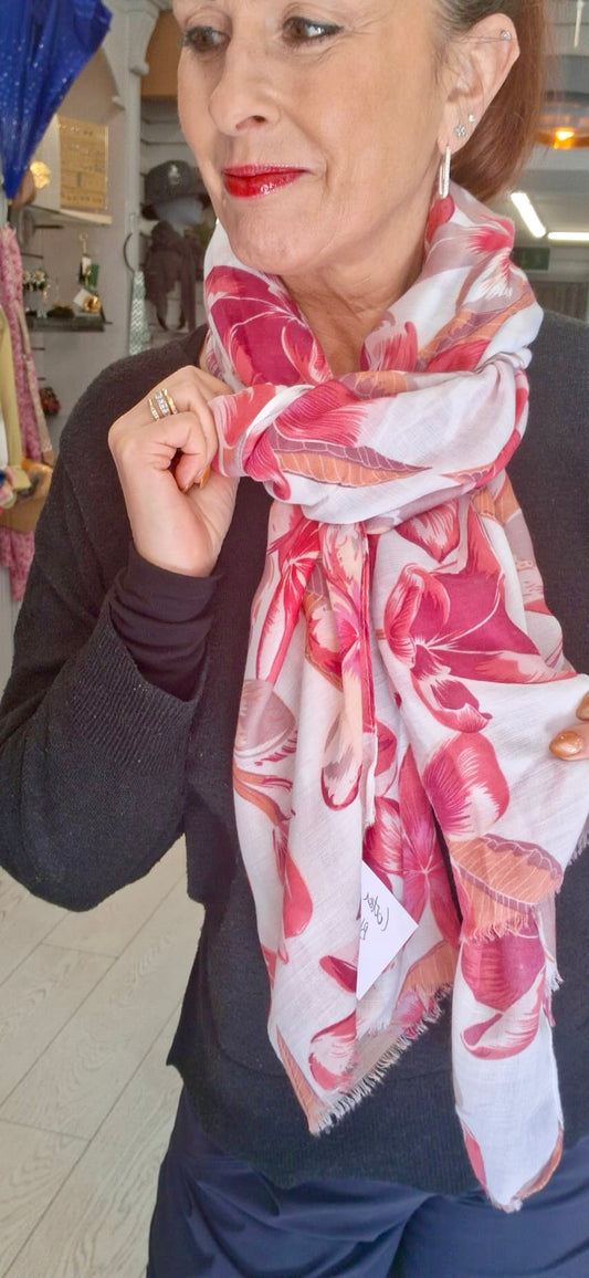 COTTON BLEND FLORAL SCARF - FUSCHIA