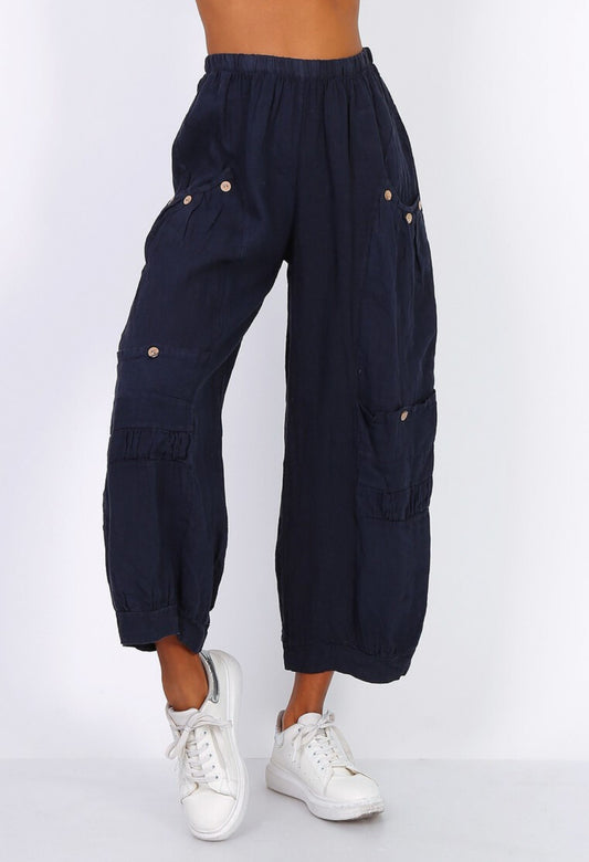 CARGO LINEN PANTS - 10-16 - NAVY