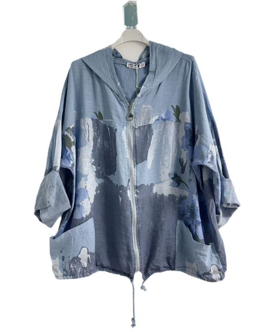 ABSTRACT PRINT HOODED LINEN JACKET - 10-16 - BLUE