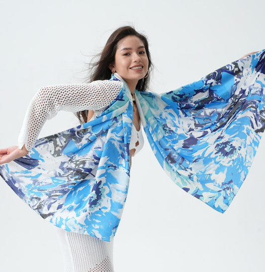 ABSTRACT PRINT SILK FEEL SCARF - BLUE
