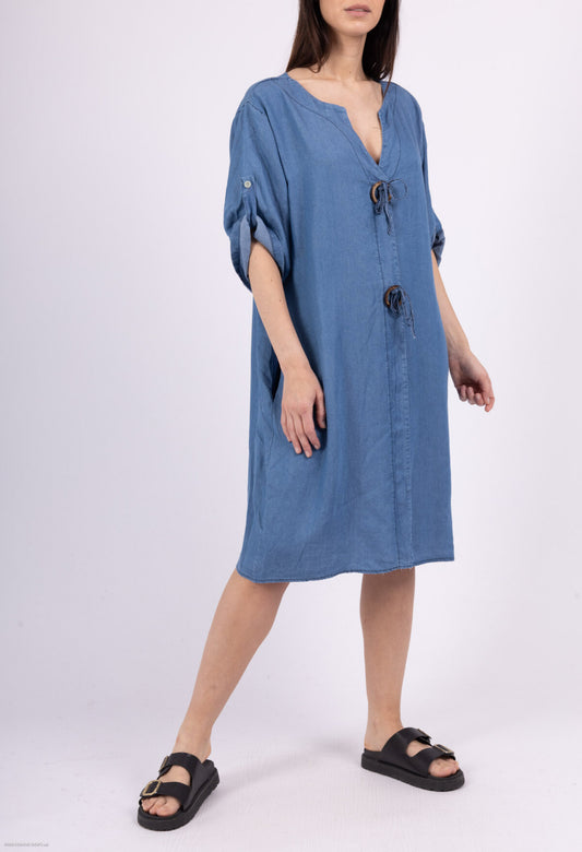 COTTON BUTTON DETAIL DENIM TUNIC DRESS - 10-16 - MID WASH