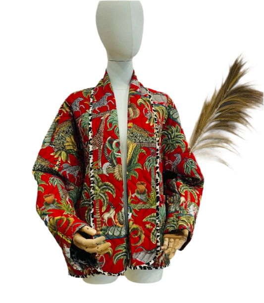 LIGHTLY PADDED JUNGLE PRINT KIMONO JACKET - RED- 10-16