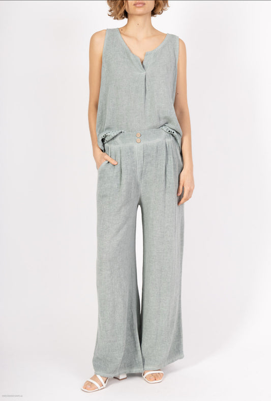 COTTON/LINEN BLEND BUTTON DETAIL PALAZZO - 10-16 - KHAKI
