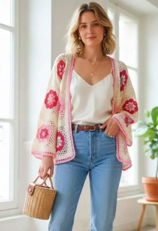 COTTON CROCHET CARDI - 10-18 - PINK