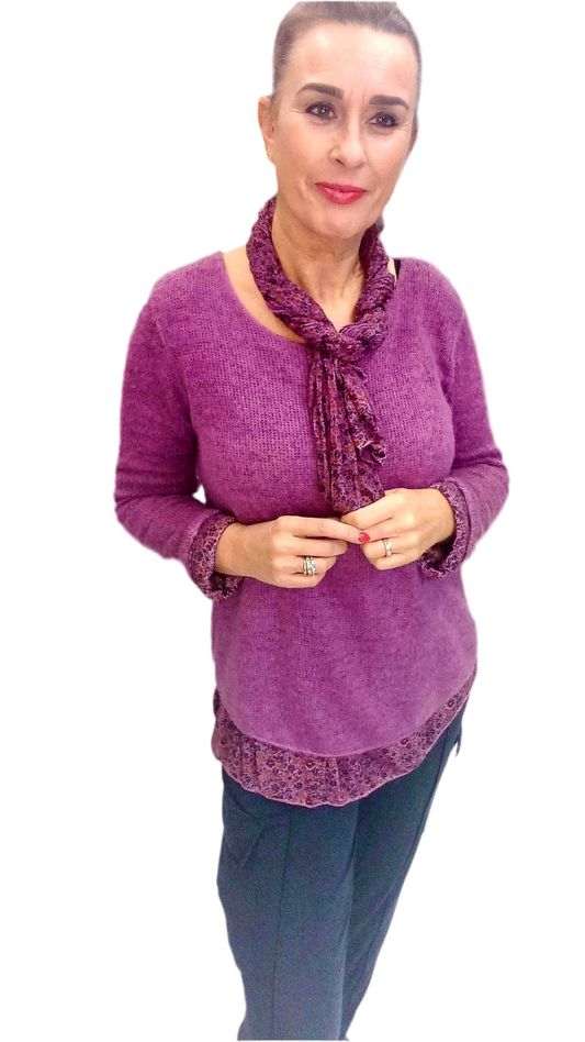 MOHAIR BLEND LAYERED KNIT WITH SCARF - PLUM - 8-neat 14