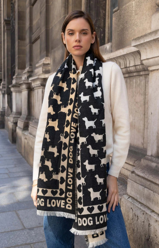DOUBLE SIDED DOG PRINT SCARF - BLACK