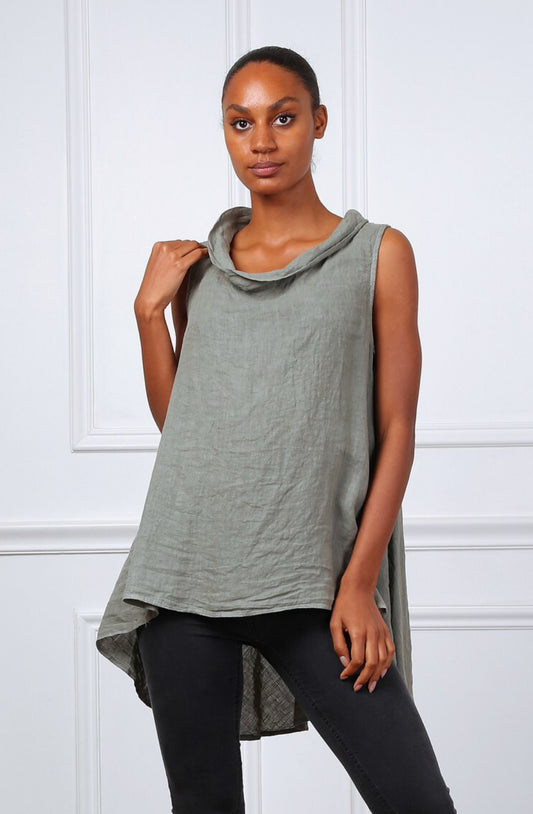 COWL DIP HEM LINEN TOP - 10-16 - KHAKI