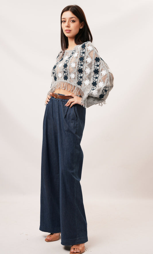 CROCHET FRINGED TOP - 8-12 - GREY