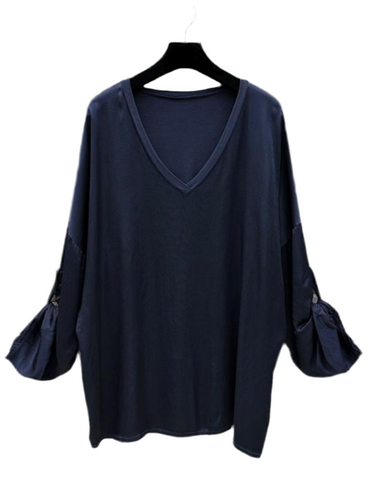 SATIN V NECK LONG SLEEVE TOP - NAVY - 10-16