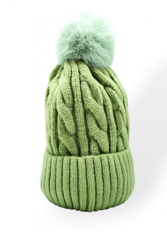 FLEECE LINED POM HAT - GREEN