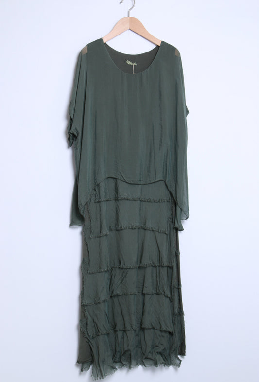 SILK BLEND LAYERED RUFFLE DRESS - KHAKI