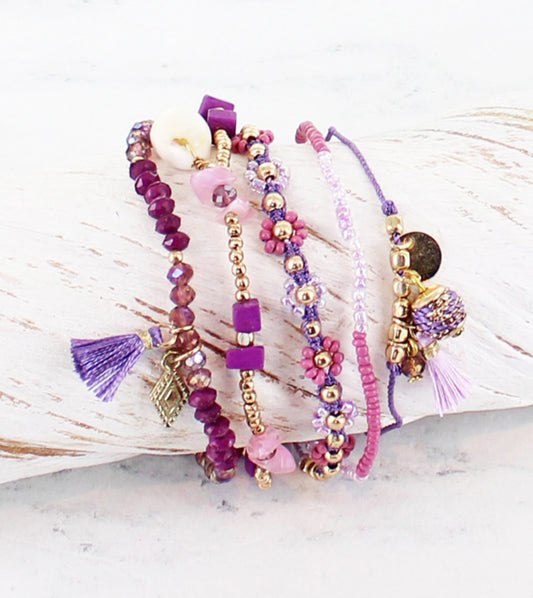 PURPLE BEADED BRACELET STACK