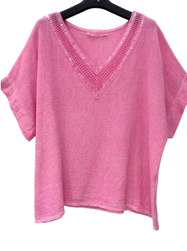 COTTON/LINEN SEQUIN TRIM TOP - 10-16 - PINK