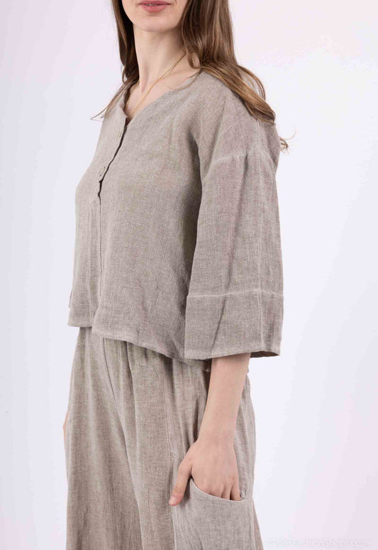 COTTON/LINEN BLEND BUTTON DETAIL TOP - 8-14 - TAUPE