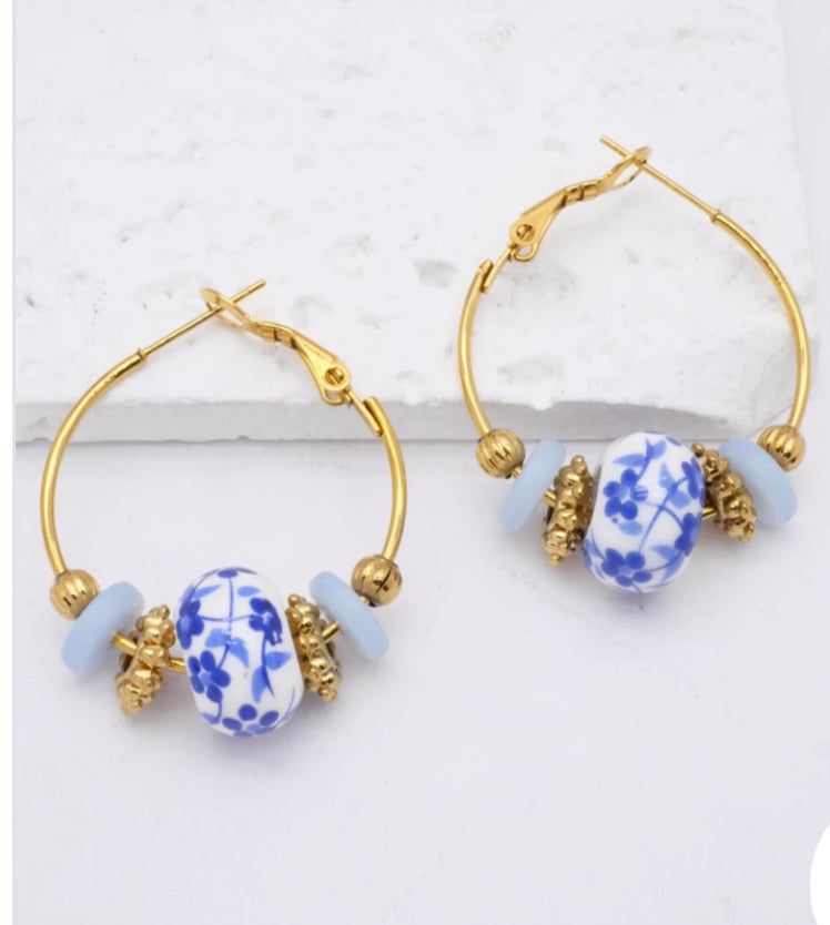 CERAMIC BEAD HOOP EARRINGS- BLUE