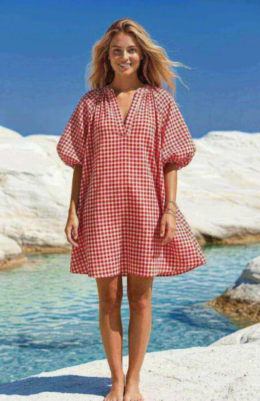 COTTON GINGHAM DRESS - 10-16 - RED