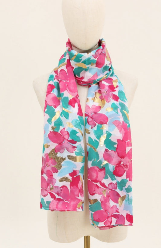 TROPICAL FLOWER PRINT SCARF- FUSCHIA