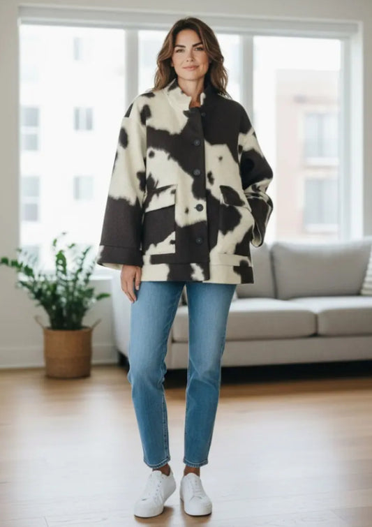 WOOL BLEND COW PRINT BUTTON JACKET - 10-16 - BROWN