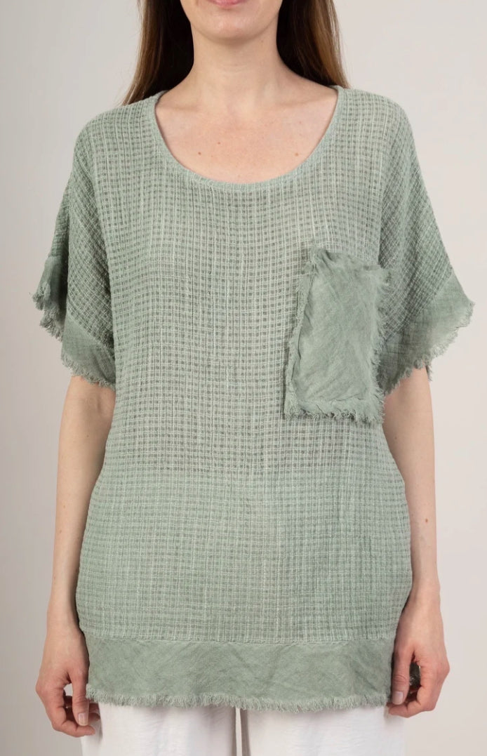 MESH COTTON/LINEN BLEND POCKET TOP - 10-16 - KHAKI