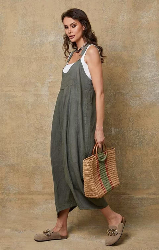 LINEN BUCKLE JUMPSUIT - 8-14 - KHAKI