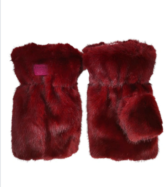 FAUX FUR MITTS - BURGUNDY