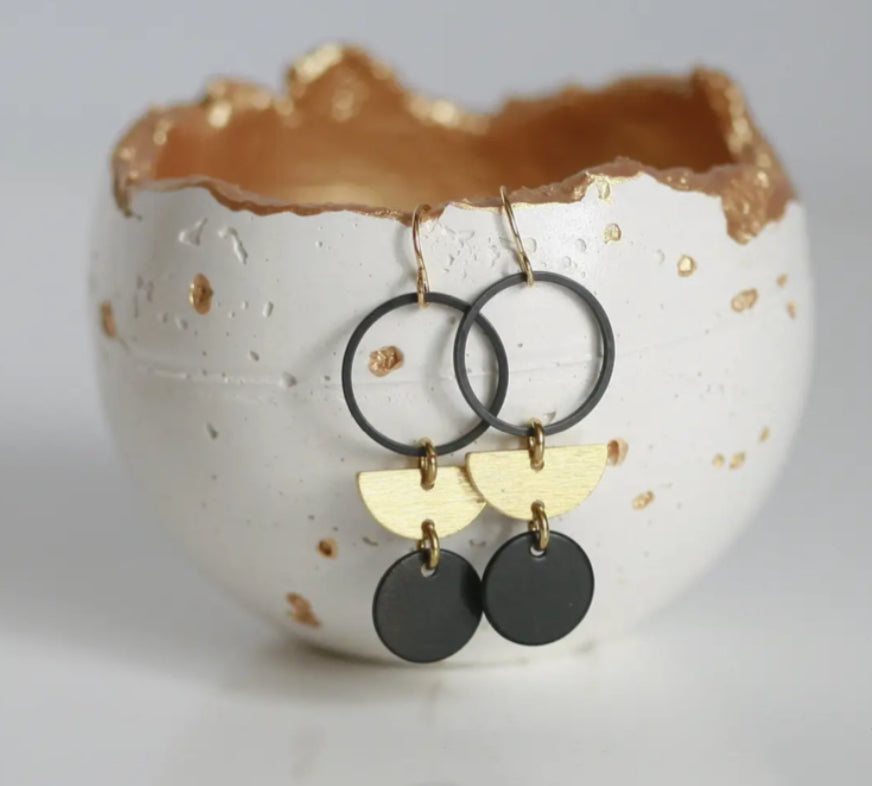 KAIKO - BLACK & BRASS CIRCLE & MOON EARRINGS- GOLD PLATED