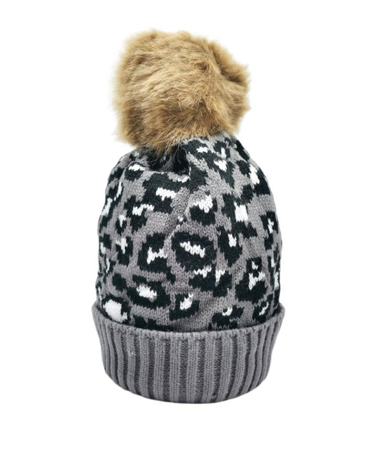 FLEECE LINED ANIMAL PRINT POM HAT - GREY