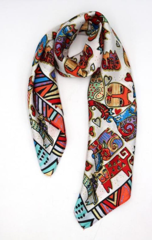 SILK BLEND CAT PRINT NECK SQUARE SCARF - WHITE