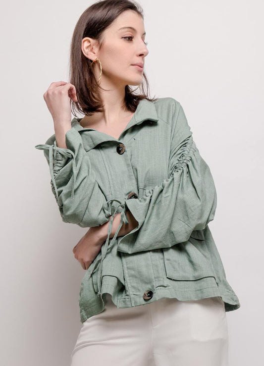LINEN BLEND RUCHED SLEEVE JACKET - S-XL