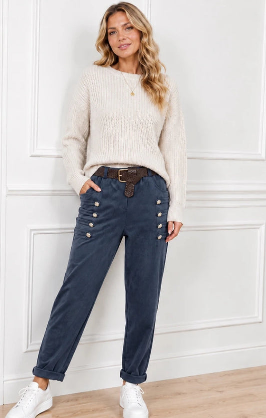 SUEDETTE BUTTON PANTS - 8-12 - NAVY
