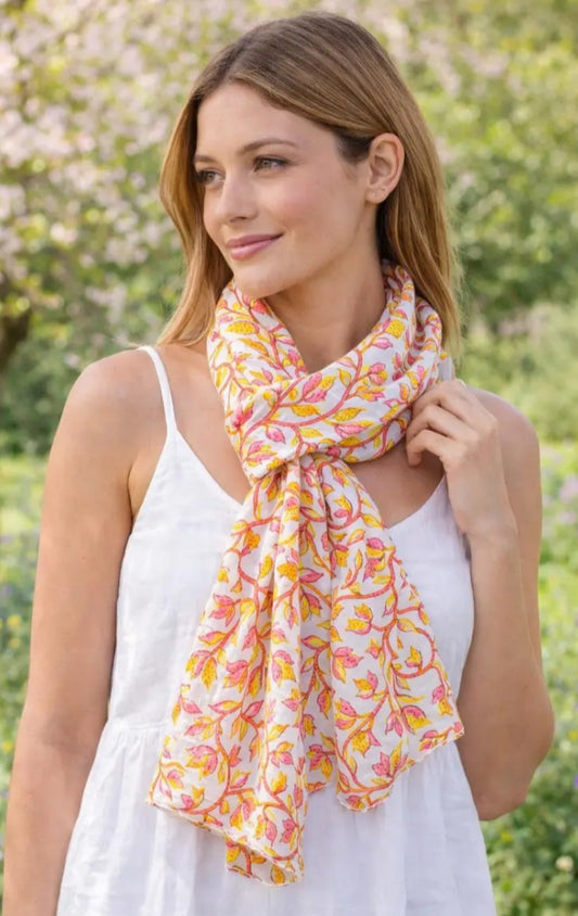 COTTON FLORAL PRINT SCARF - ORANGE