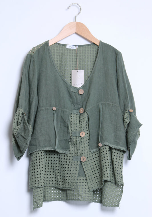 LINEN MESH DETAIL JACKET - 10-16 - KHAKI
