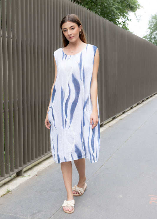 ABSTRACT PRINT COTTON DRESS - 14-18 - WHITE