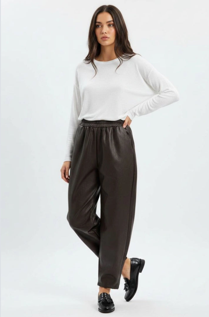 LEATHERETTE BARREL PANTS - 10-16 - CHOCOLATE