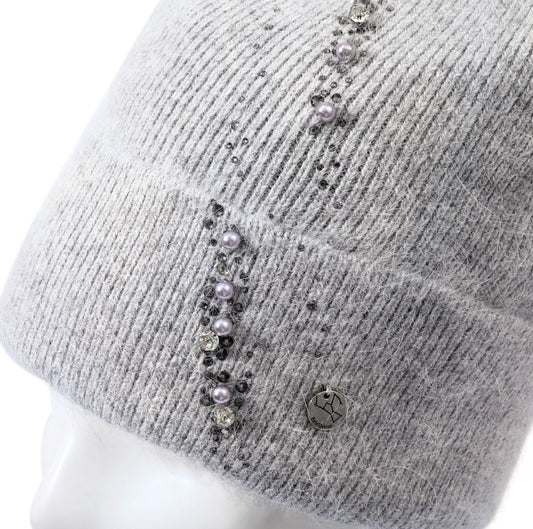 CASHMERE PEARL & CRYSTAL POM HAT - SILVER