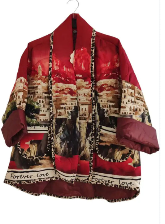 PRINT QUILTED JACKET - 8-14 - BURGUNDY