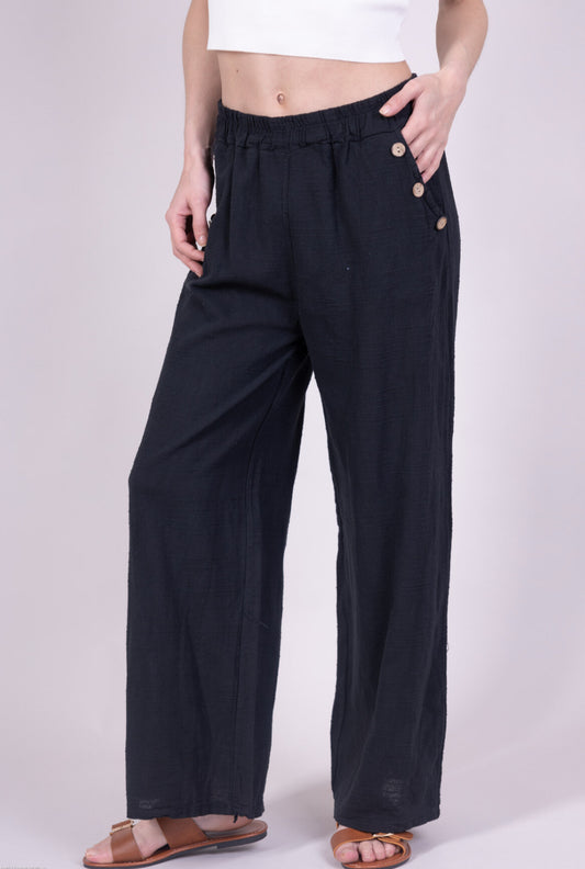 COTTON/LINEN BLEND BUTTON DETAIL PANTS - 8-14 - BLACK