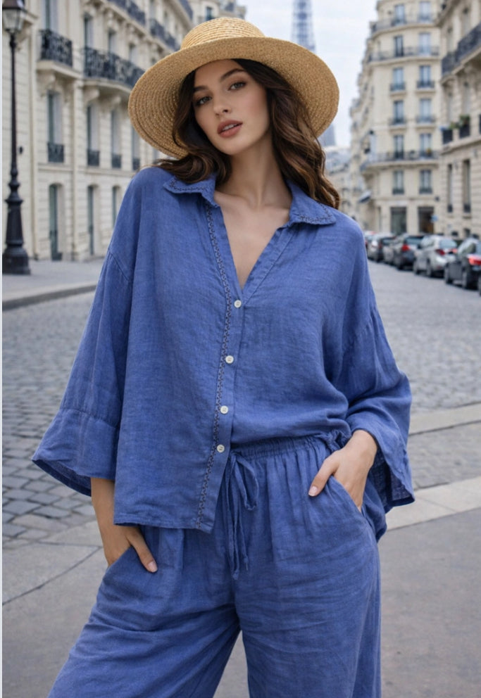 STITCH DETAIL LINEN SHIRT - 10-16 - BLUE