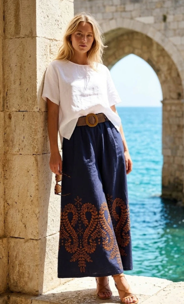 WIDE LEG PRINT PANTS - 10-16 - NAVY