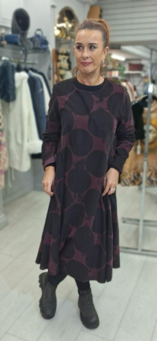 COTTON CIRCLE PRINT DRESS - 10-14/16 - PLUM