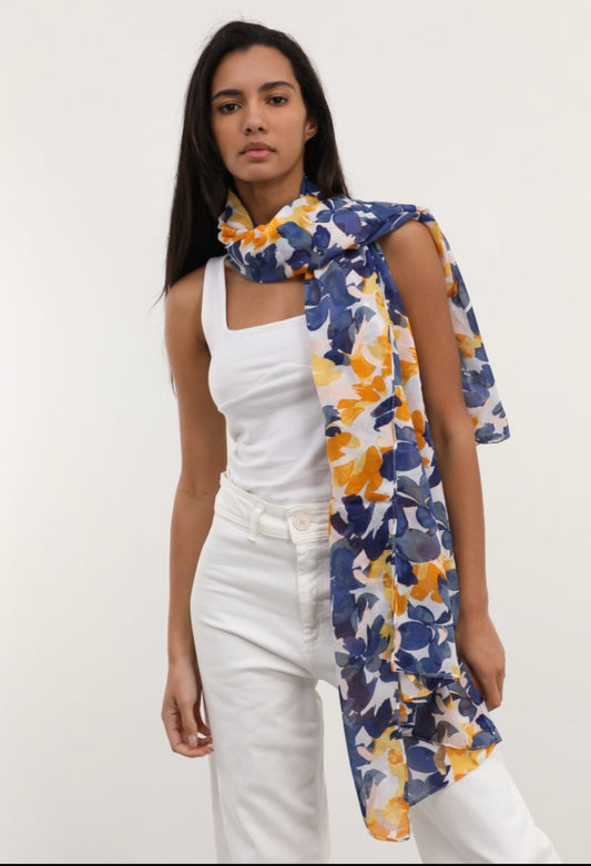 TROPICAL FLOWER PRINT SCARF - NAVY