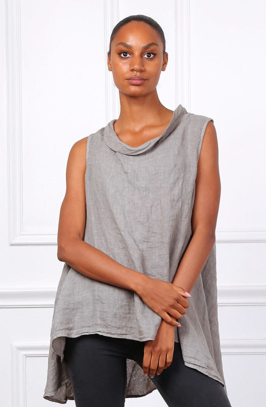 COWL DIP HEM LINEN TOP - 10-16 - TAUPE