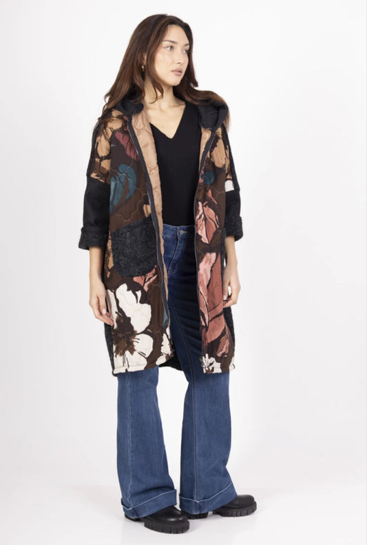 QUILTED FLORAL COAT WITH HOOD - 10-16 - BROWN