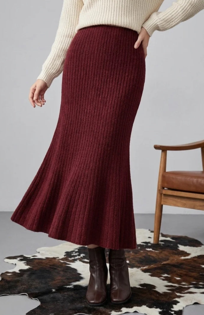 RIBBED MAXI SKIRT - 10-16 - BURGUNDY